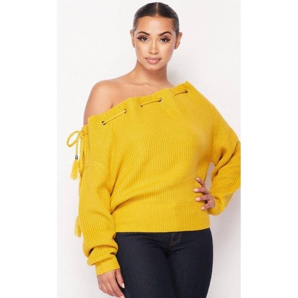 Honey Mustard Drawstring Off Shoulder Sweater - Picture 9 of 9